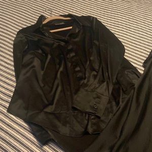 Black satin blouse and matching shirt, beautiful for date night or work.